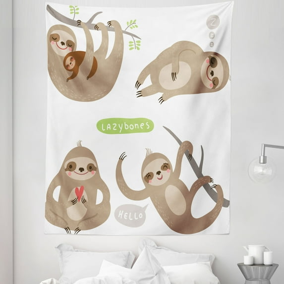 Sloth Tapestry, Pattern of Funny Lazy Sloths Hugging Family Romance Love, Fabric Wall Hanging Decor for Bedroom Living Room Dorm, 5 Sizes, Pale Brown Grey Green, by Ambesonne