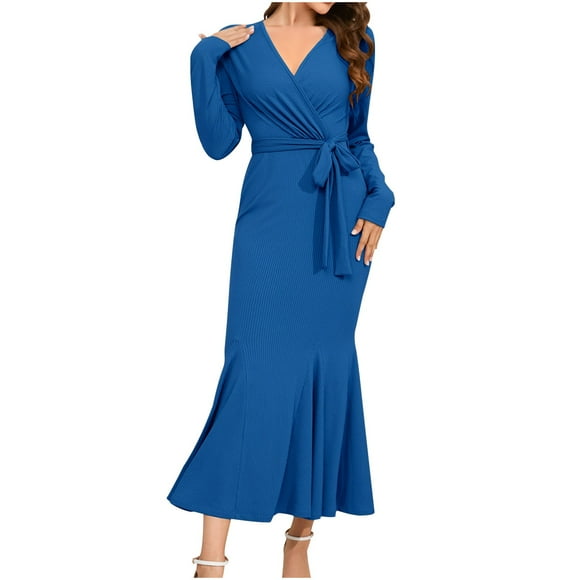 Women's Tea Length A Line Flowy Dress Solid Color Elegant Casual High Waist Clearance Long Sleeve Spring Trendy V Neck Blue L