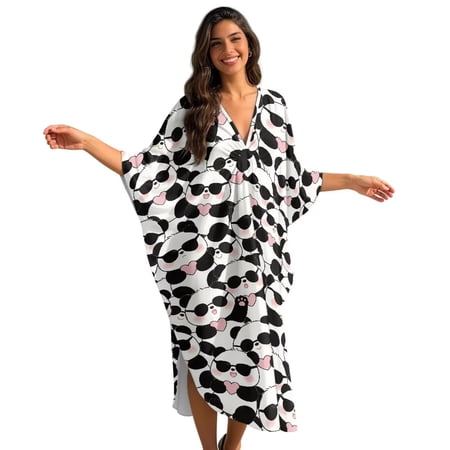 Xixirimido Cute Pandas Print Womens Kaftan Dresses Long Caftans Plus Size Batwing Sleeve Swimsuit Coverup V Neck Summer Beach Dress