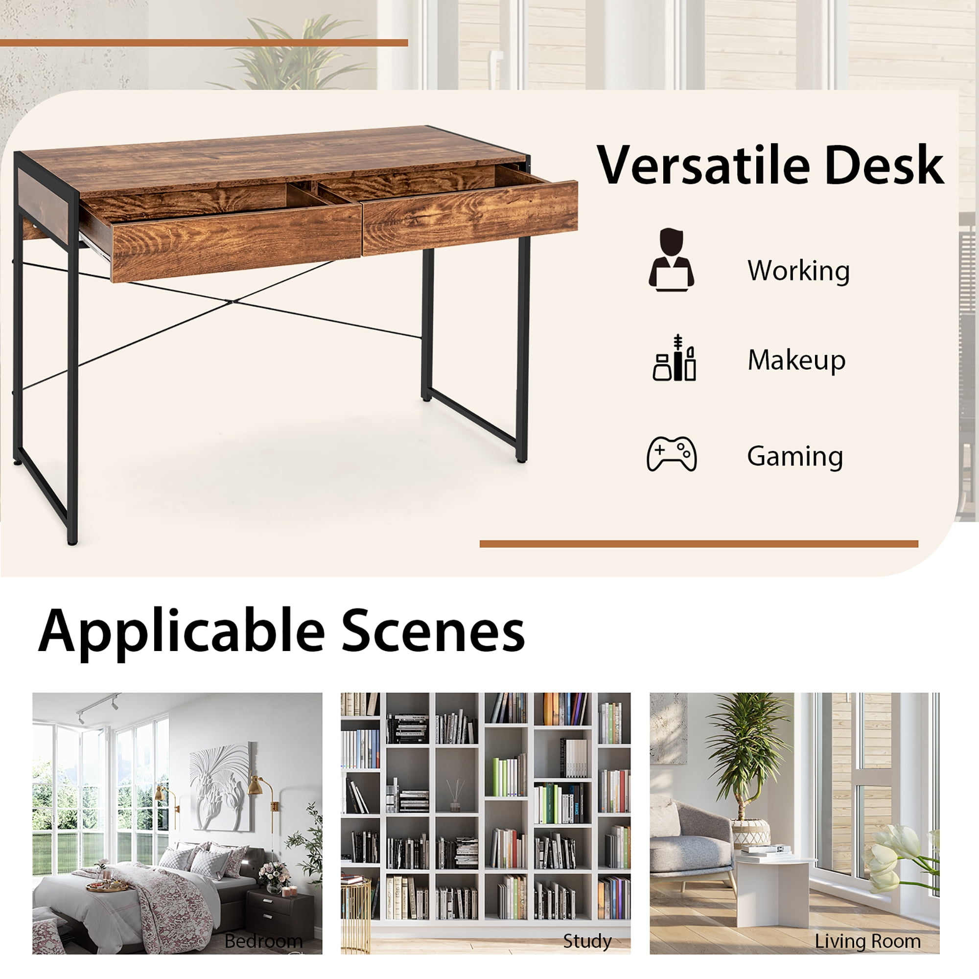 Costway Computer Desk Metal Frame Study Table Home Office Workstation w/2 Drawers Rustic