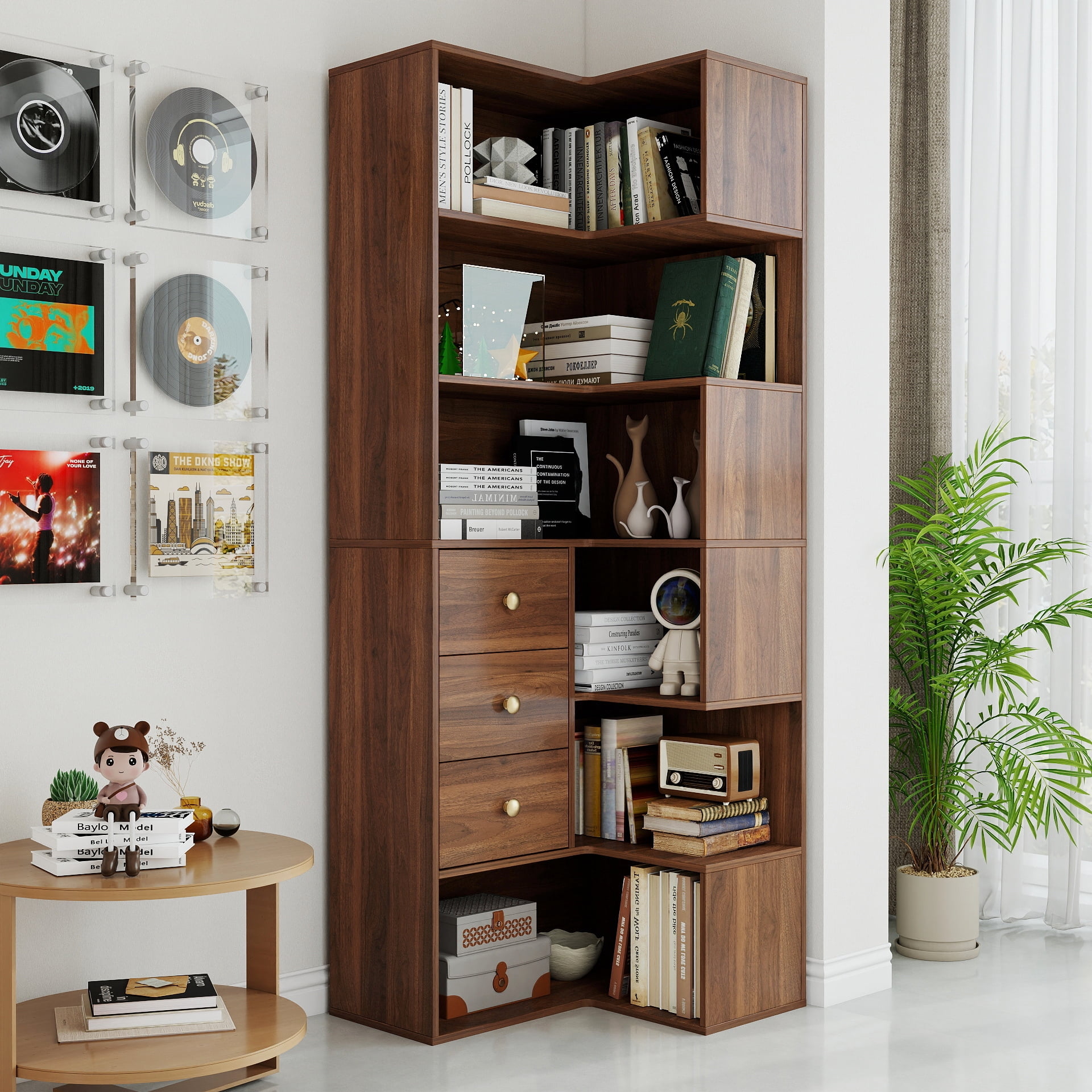 71" Tall Corner Bookcase with 3 Drawers, 6-Tier L-Shaped Bookshelf with Open Cases