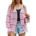 thumbnail image 1 of Suéter de punto transpirable para mujer, agradable para la piel, informal, color rosa, cárdigan abierto a rayas, 1 of 6