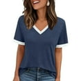 thumbnail image 2 of MIXUE Boho Tops For Women Summer Solid Color V Neck Short Sleeve Casual Warm Tshirts Streetwear,Blue,L, 2 of 5
