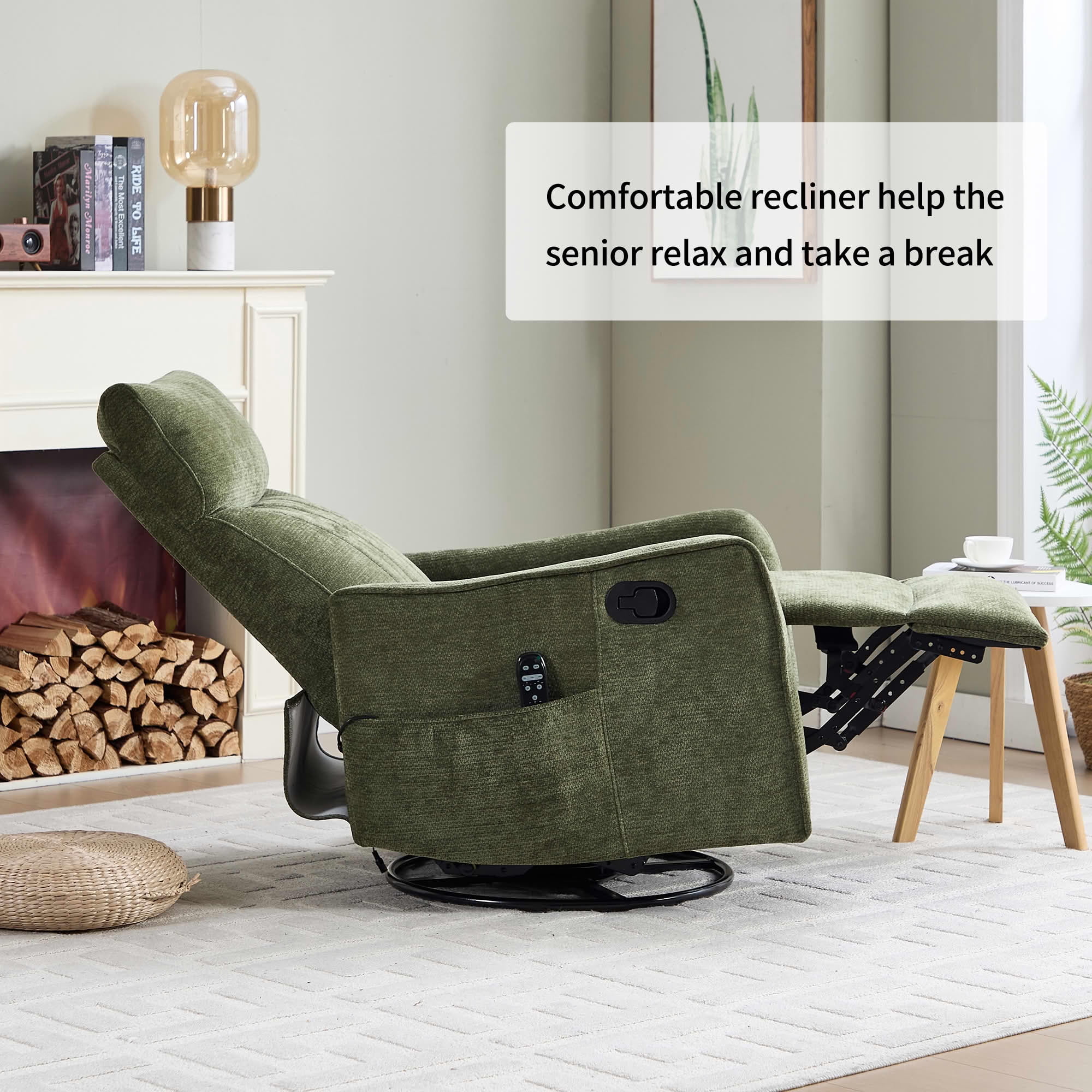 MAYEERTY 360° Swivel Rocker 155° Recline Chenille Heat Massage Recliner Chair for Living, Antique Green