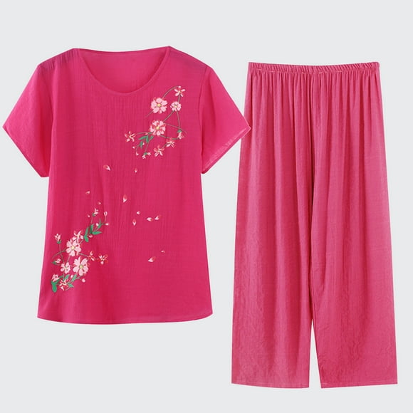 zanvin Vêtements de Nuit Mignons pour Femmes avec Pantalon Pyjama Sets Coton à Manches Courtes Pjs Sets, Rose Chaud, XL