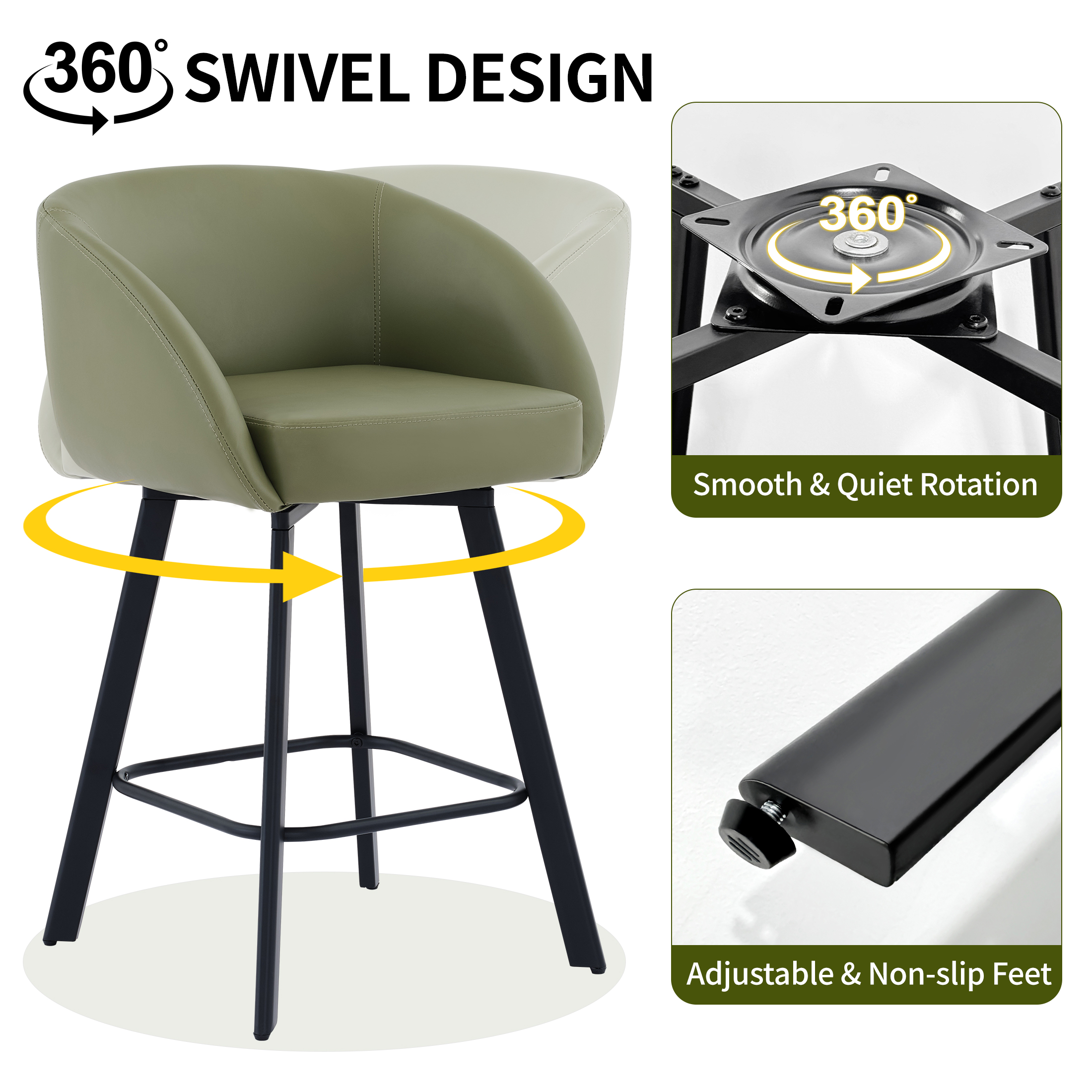 FIRAVOE Bar Stools Set of 2, Swivel Counter Height Bar Stools with Back & Arms (26") Modern Faux Leather Bar Chairs for Kitchen Island, Green