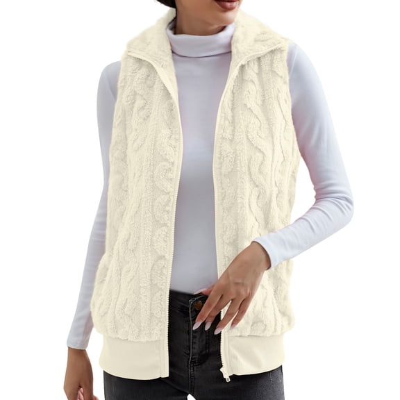 WTOBBY Women's Fashionable Plaid Comfortable Fleece Cardigan Vest Stand Collar Sleeveless Women's Jacket, Lightweight Layering Piece with Chic and Modern Design,Beige L
