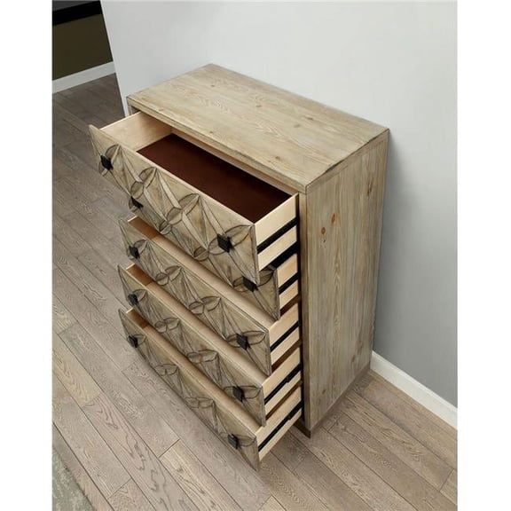 Benzara Transitional Wood Chest With 5 Drawers, Weathered Light Oak Brown