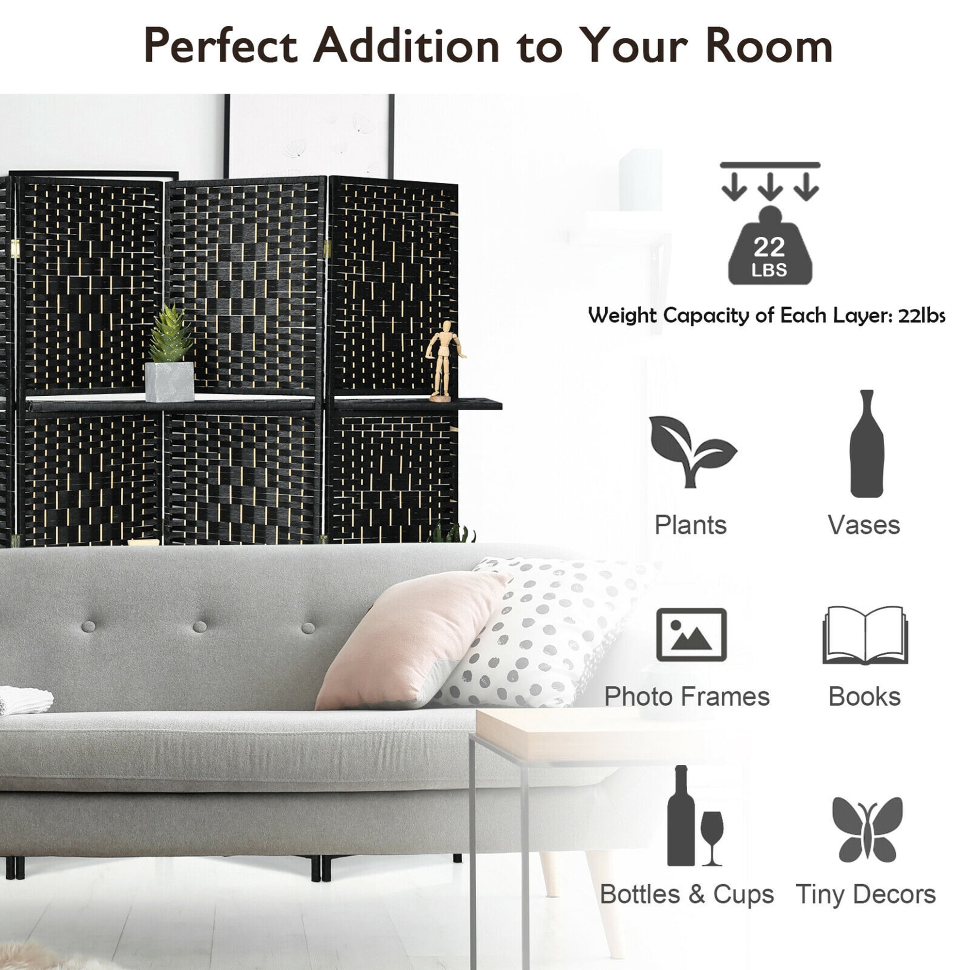 Gymax 6 Panel Folding Room Divider 6Ft Weave Fiber Privacy Screen W/ 2 Display Shelves Black