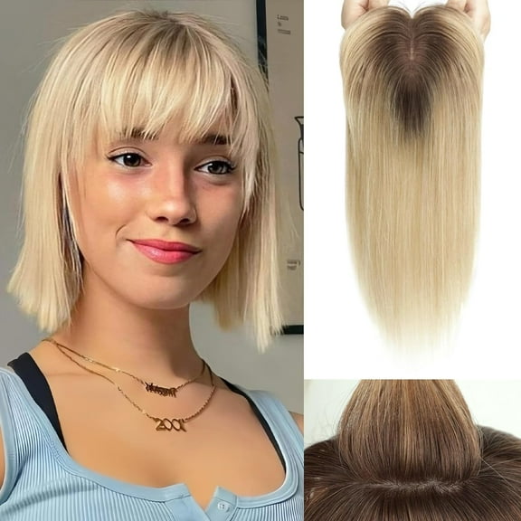 Hair Toppers for Women, Real Human Hair 130% Density, Hair Loss Cover No Bangs, Hair Extensions for Thinning Hair, Silk Base Three Clips in Topper, Ombre Light Blonde(10inch)