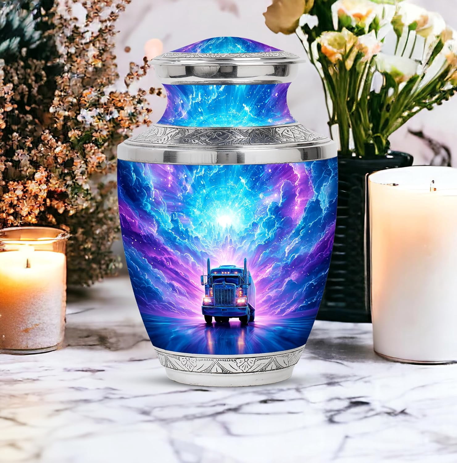Sunset Semi-truck Cremation Urn For Ashes, Trucker Urn For Human Ashes Adult Man, Funeral Decorative Urns For Human Ash Adult, Burial Urns For Adult Human Ash, Size 6 Inch, 1 Pc