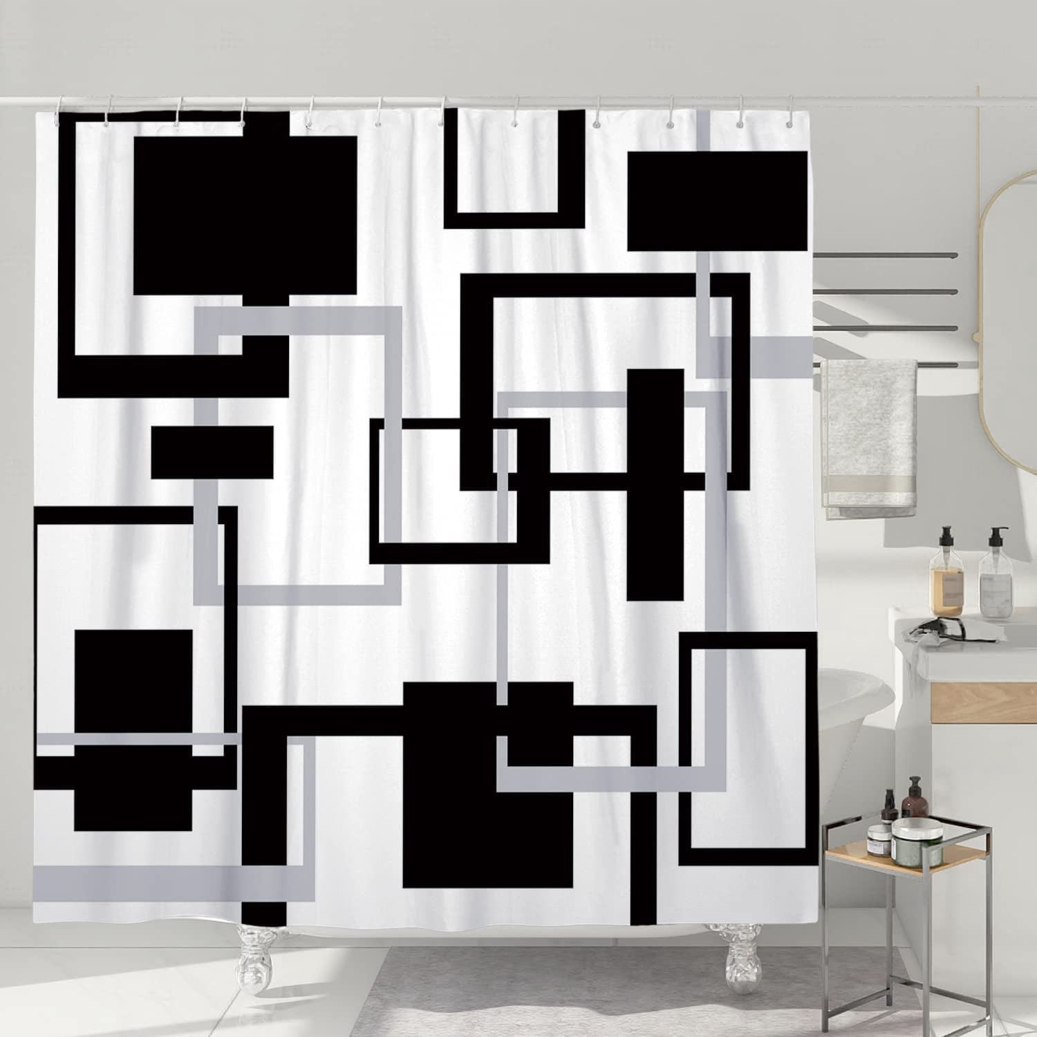 Black White Geometric Shower Curtain Set Neutral Abstract Shower Curtains for Bathroom Modern Bathroom Decor Polyester Fabric-72" x 72"