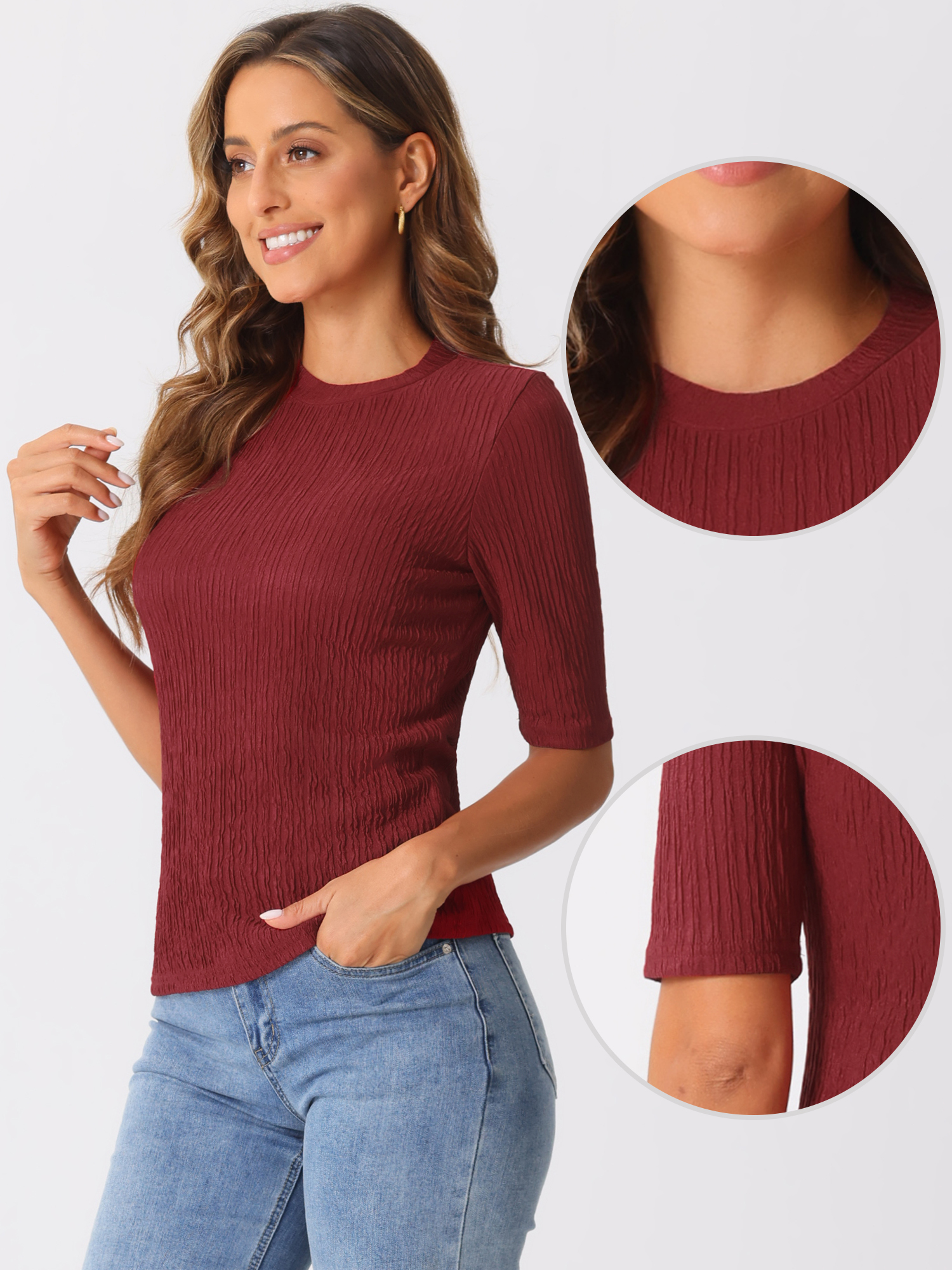DARING DIVA Women's Crew Neck Top Ruched Half Sleeve Blouse M Dark Red