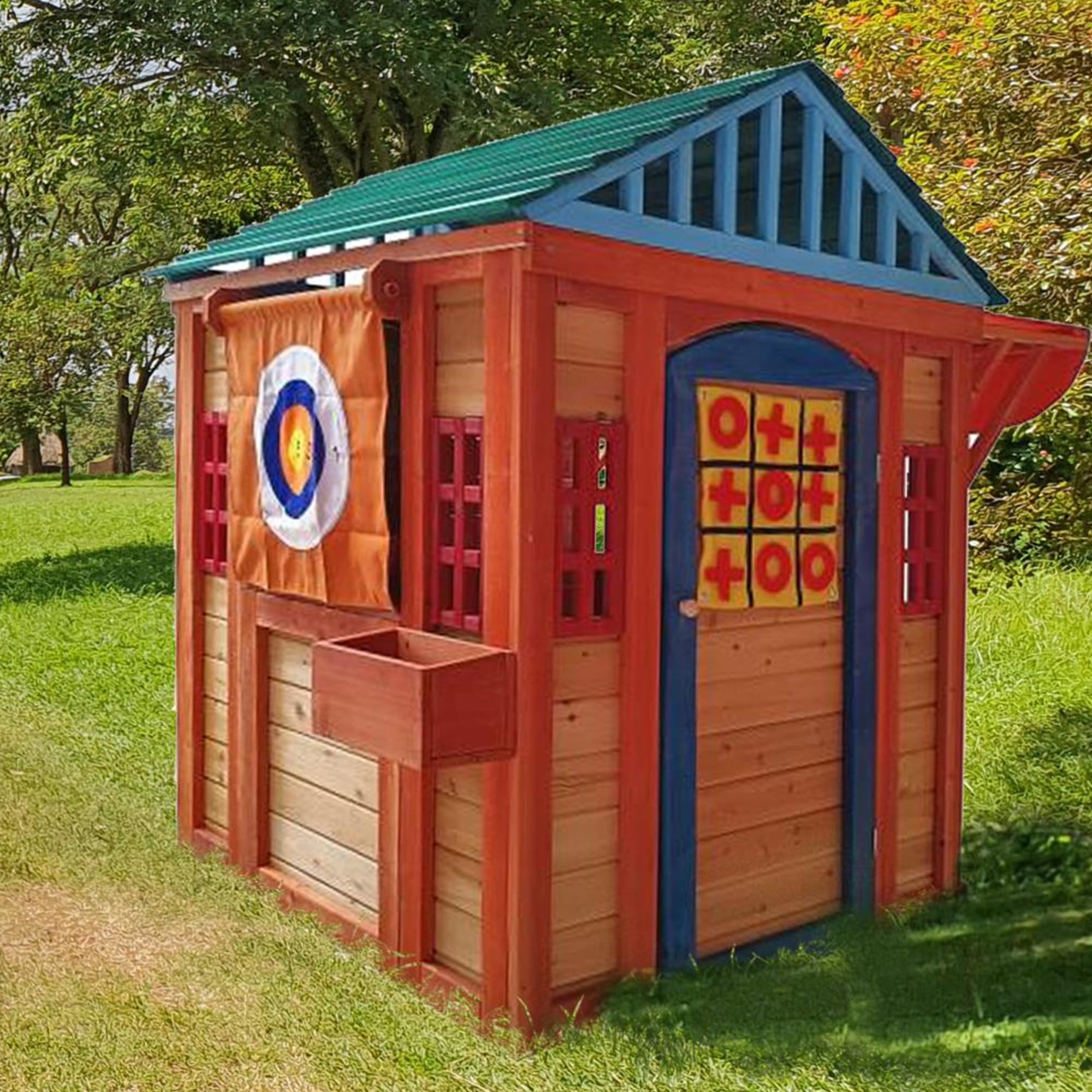 CIPACHO 64" Eco-Friendly Outdoor Solid Wooden 4-in-1 Game House for Kids Garden Playhouse with Different Games on Every Surface, Orange CIPACHO 64" Eco-Friendly Outdoor Solid Wooden 4-in-1 Game House for Kids Garden Playhouse with Different Games on Every Surface, Orange