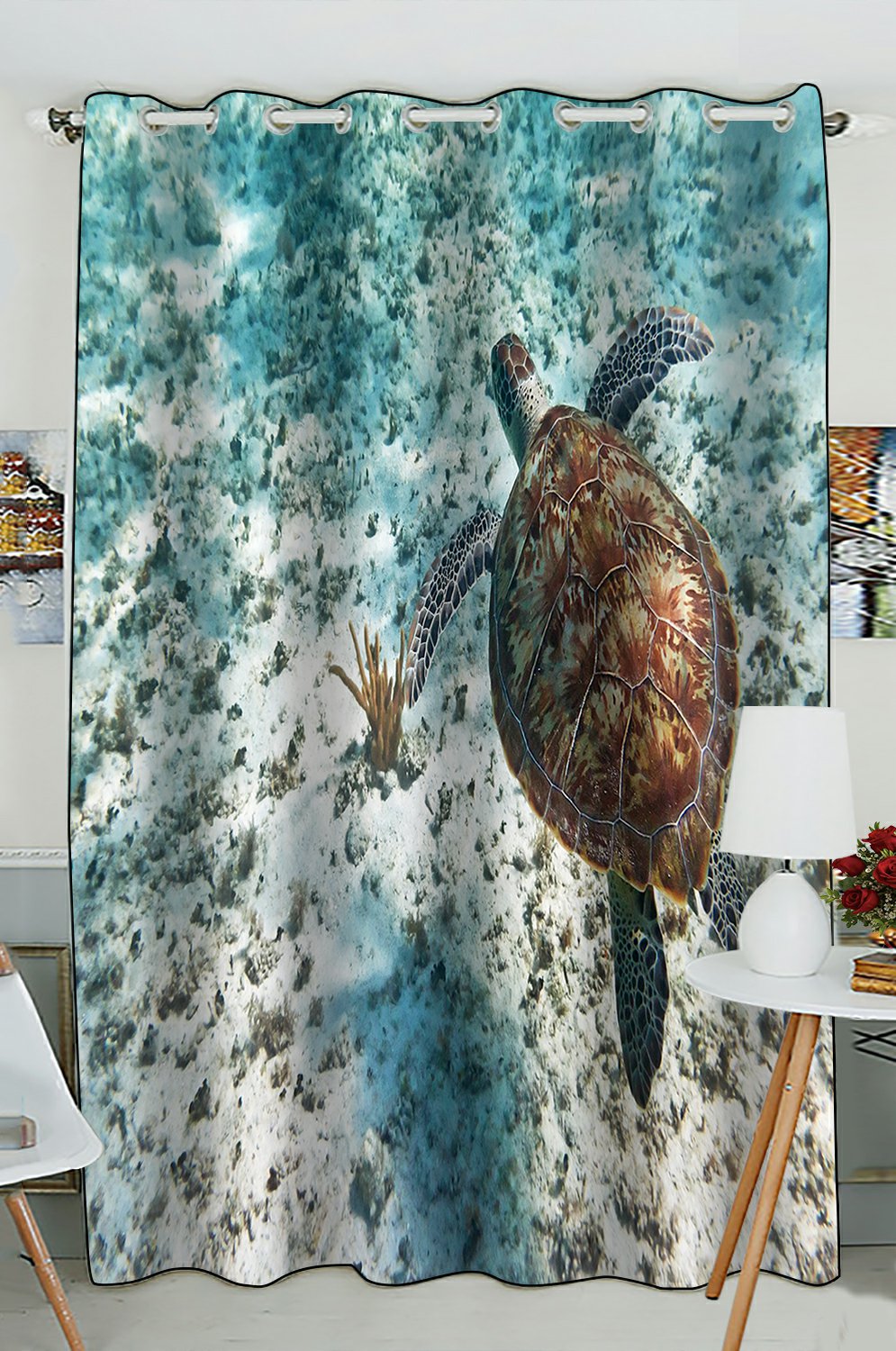 Phfzk Animal Window Curtain, Green Turtle In Nature Of Caribbean Sea
