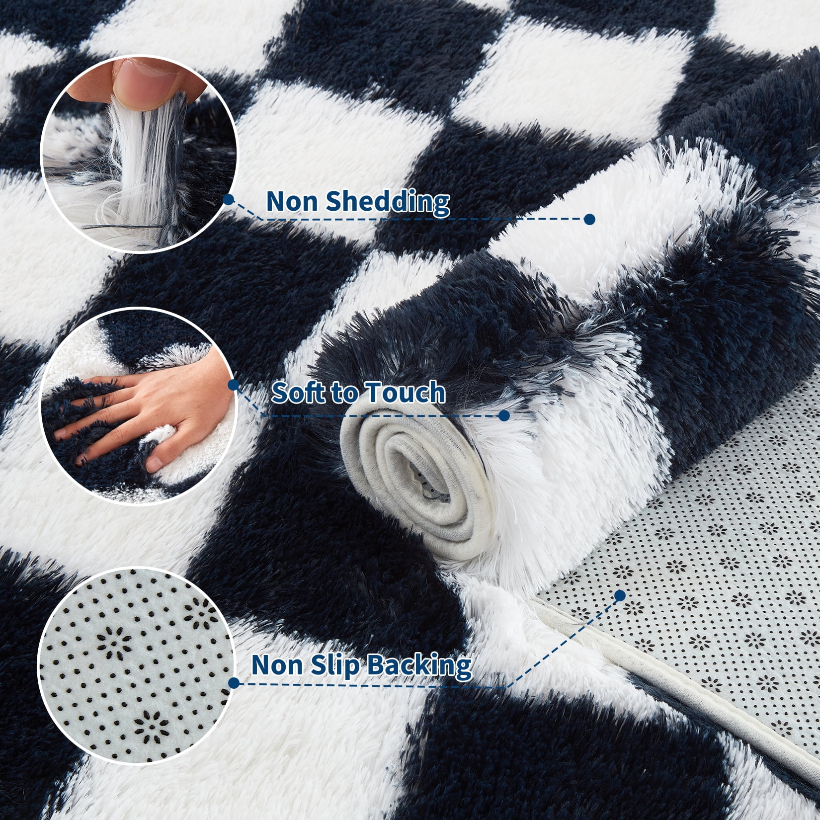 HOMERRY 2' x 6' Fluffy Runner for Kitchen Hallway Geometric Check Runner Rug Fuzzy High Pile Plush Carpet, Navy White