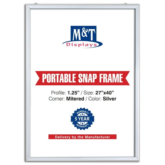 M&T Displays Portable Snap Poster Frame 27x40 Inch Silver 1.25" Aluminum Profile Front Loading Wall Mounting Photo Picture Document Certificate Sign Holder Mitered Corner Anti Glare Cover