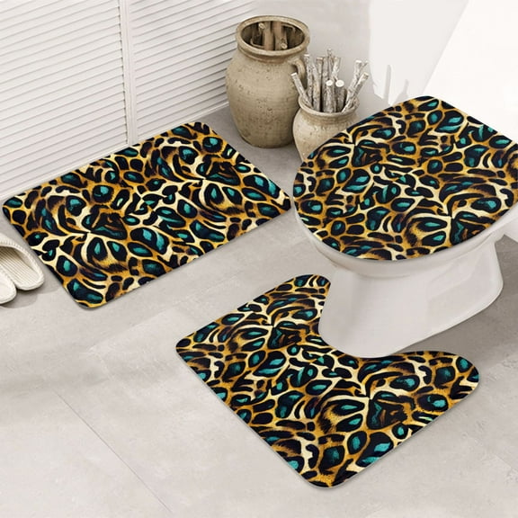Bathroom Rugs Sets 3 Piece - Teal Leopard Absorbent Non Slip Bath Mats, U-Shape Toilet Lid Cover, Contour Mat, Soft Washable Shower Mats Bath Rug Mat for Bathroom Tub Toilet