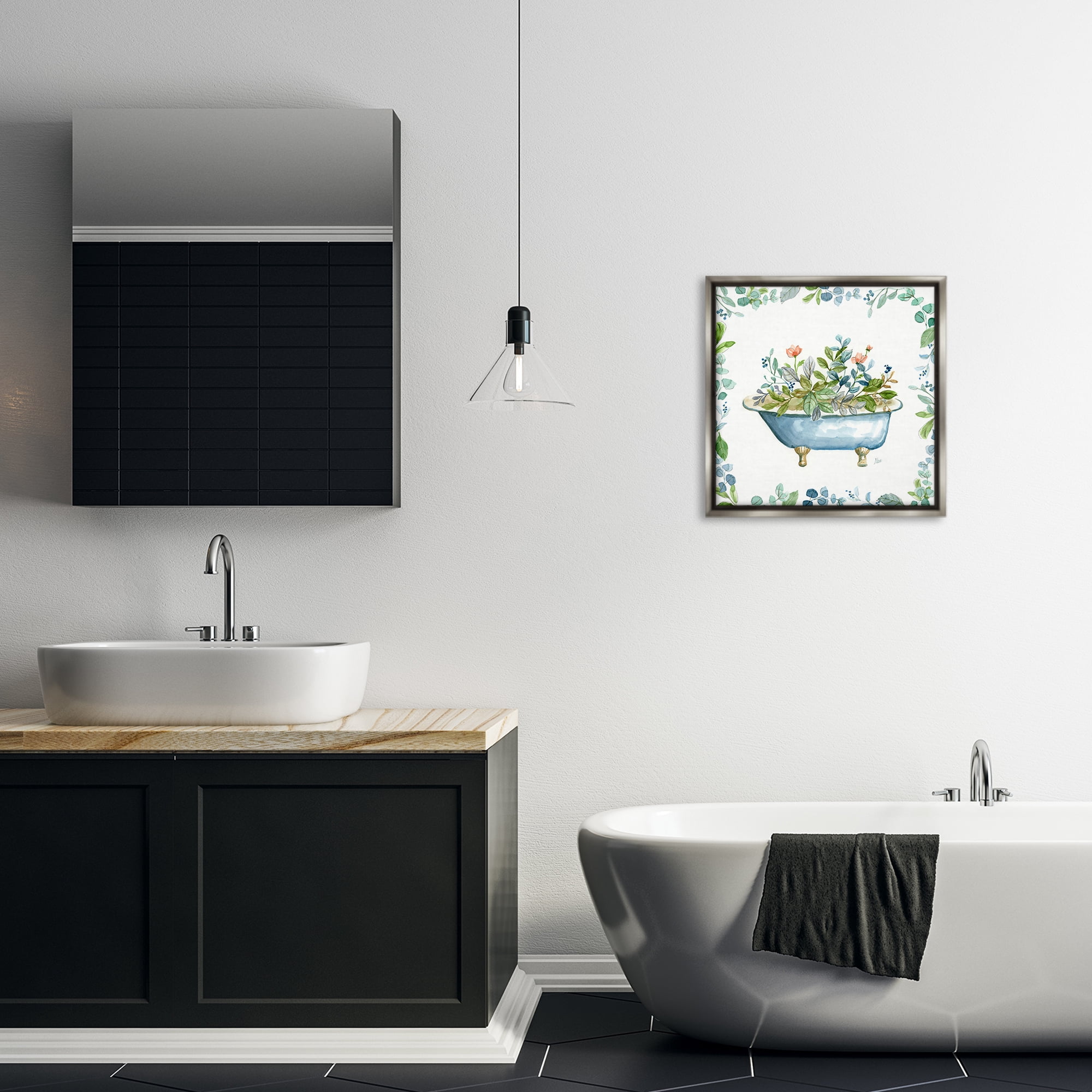 Stupell Industries Botanical Bath Tub Typography Painting Gray Floater Framed Canvas Art Print Wall Art, 18 x 18