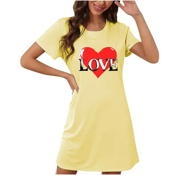 Xysaqa Valentine's Day Love Print Sleep Shirts for Women Short Sleeve Night Shirts Women Comfy Sleep Dress Nightgown Soft Nightdress Clearance Yellow XL