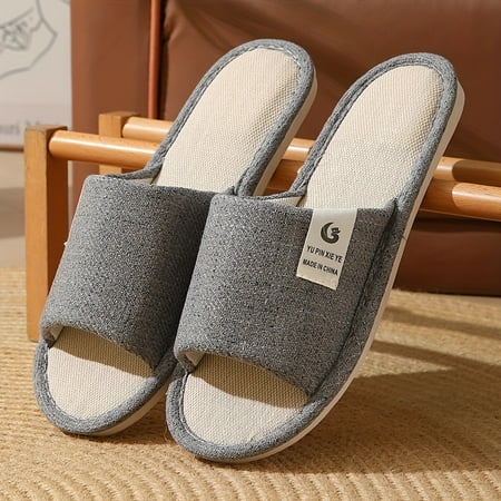 

Comfy Linen Flat Indoor Slippers Open Toe Single Band Soft Sole Bedroom Shoes Sweat Absorption Home Slippers