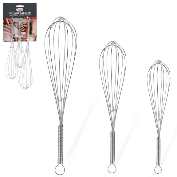 Alpine Cuisine Stainless Steel Wire Whisk 3pc set with Ergonomic Handle | Egg Whisk, Sauce Whisk & Flat Whisk Combined | Space Saving Whisks for Cooking, Baking & Deglazing, Dishwasher Safe