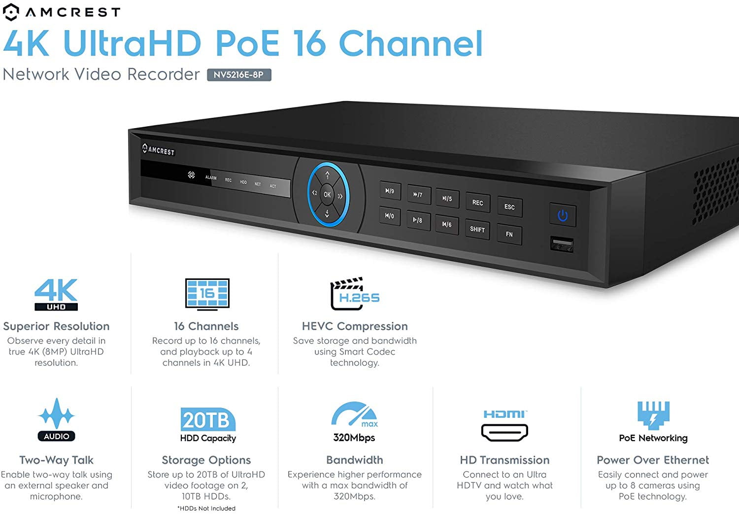 - Supports up to 16 x 4K IP Cameras 8-Port PoE Pre-Installed 4TB Hard Drive 16CH 1080P/3MP/4MP/5MP/6MP/4K/12MP Amcrest 4K NV5216E-8P-4TB Network Video Recorder 