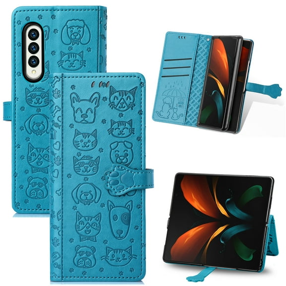for Samsung Galaxy Z Fold 5 Case Wallet,Magnetic Closure PU Leather Cute Embossed with Wrist Strap, RFID Blocking Card Slots Pocket Flip Kickstand Protective Phone Case Cover,Blue