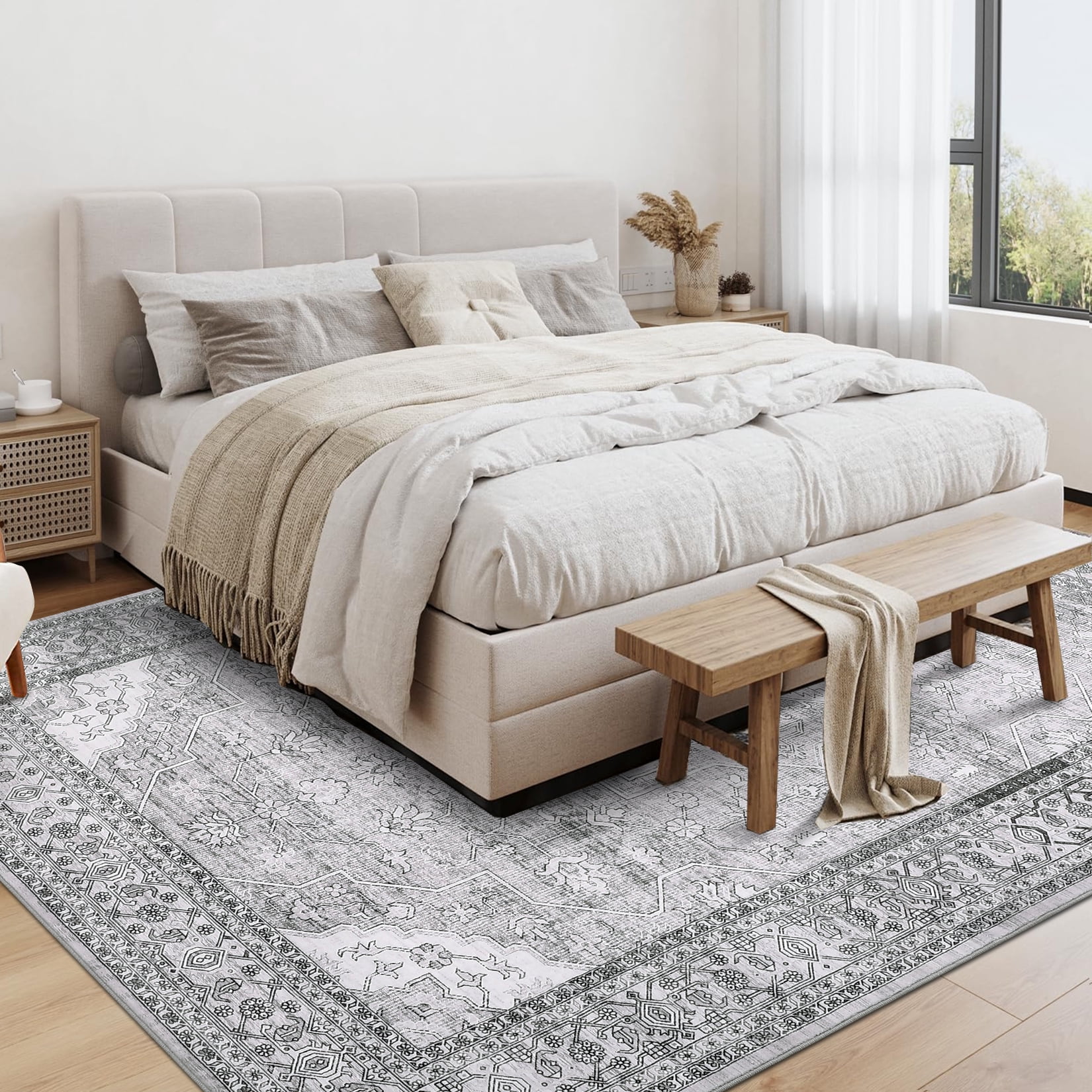 HOMERRY Washable Area Rug 9' x 12' Rug for Living Room Floral Pattern Carpet, Gray