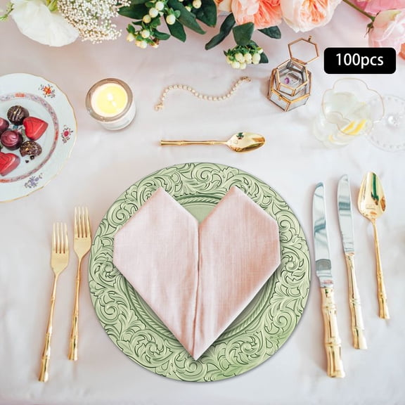 100 PCS Antique Charger Plates Bulk 13'' Plastic Embossed Dinner Plate Chargers Round Floral Plates for Wedding Decorative Chargers for Table Dinner Kitchen Party Decoration (Green)