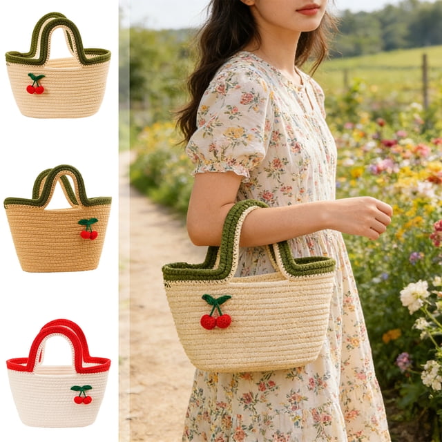 Bolso De Algodón Bolso de mano grande de algodón tejido con cerezas,ideal para la playa,para el día a día y para viajar (beige,1 unidad). Rkxzt