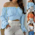 thumbnail image 1 of Woman's Strapless Long Sleevesolid Color Off Shoulder Ruched Lantern Sleeve Crop Tops,Summer Plus Size Loose Fitting Tops For Women Sale, 1 of 6