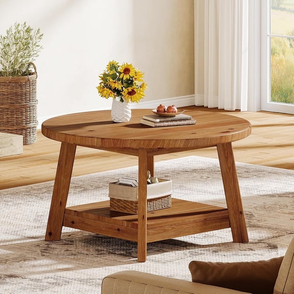Finmind 31.5" Solid Wood Round Coffee Table for Living Room,2-Tier Circle Accent Table, Vintage Brown