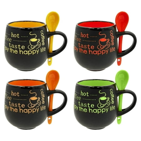 

MUG Matte Black Round Coffee Mug Set of 4 Cups with Spoons 12 Oz Ceramic Stoneware with Neon Accent Best Gift for Black Coffee Cup for Men & Women (Set of 4 Assorted)