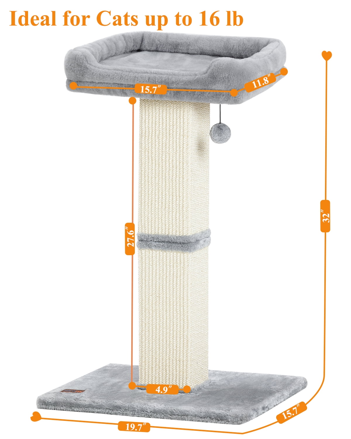 Kilodor 32" Cat Scratching Post for Indoor Cats, Sisal Cat Scratcher with Plush Perch, Large Scratch Post with Bed, Removable Cover, Sisal Fabric,Gray