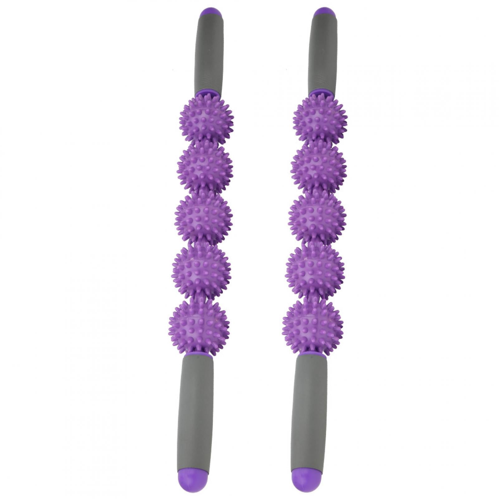 BIMZUC 2Pcs Massage Stick Muscle Relaxation Massager Five Balls Spiky Fascia Rods Yoga Roller 20.5 inches / 52 cm Purple
