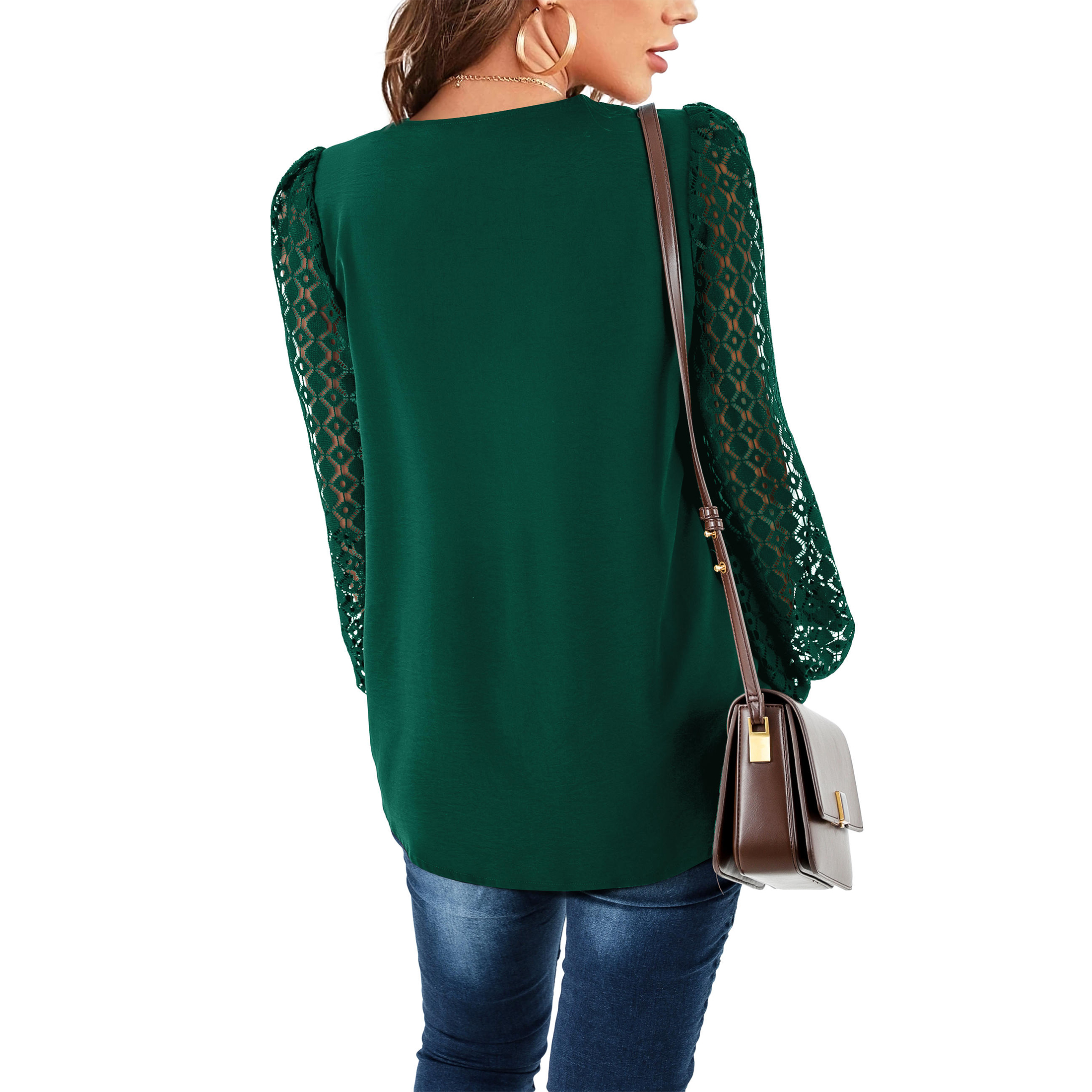 Amoretu Womens Shirts Casual V Neck Long Sleeve Blouses Plain Tops Green L - image 3 of 4
