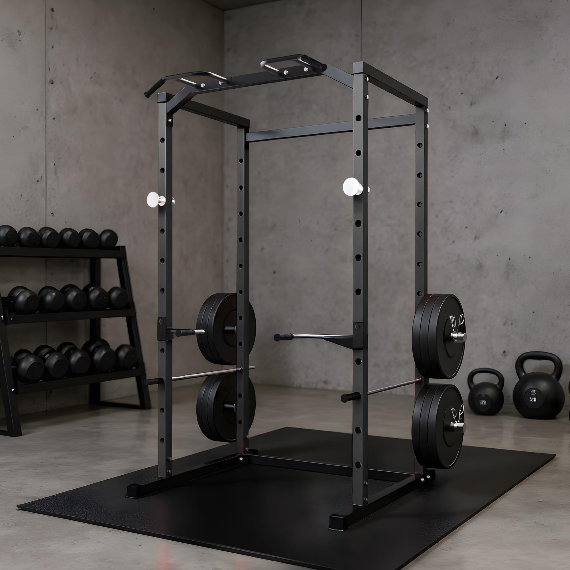 Accreate Heavy Duty Squat Rack Power Cage, Strength Training Power Cages for Home Gym, 1100 LB Capacity Power Rack with Pull-Up Bar, Dip Bars, Adjustable Safety Spotters, J-Hooks, Plate Storage