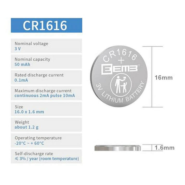 Premium CR1616 Battery 3V Lithium Coin Cell - Japanese Engineered High  Capacity Batteries (6 Pack)