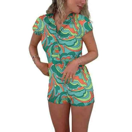 

Frobukio Women Printed Button-up Romper Short Sleeve Lapel Neck Jumpsuit Bodysuit