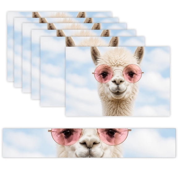 7 Piece Linen Table Runner and Placemats Set, Alpaca In Pink Round Sunglasses Round Corner Heat Resistant Washable Table Mats for Home Kitchen Dining Party Decoration