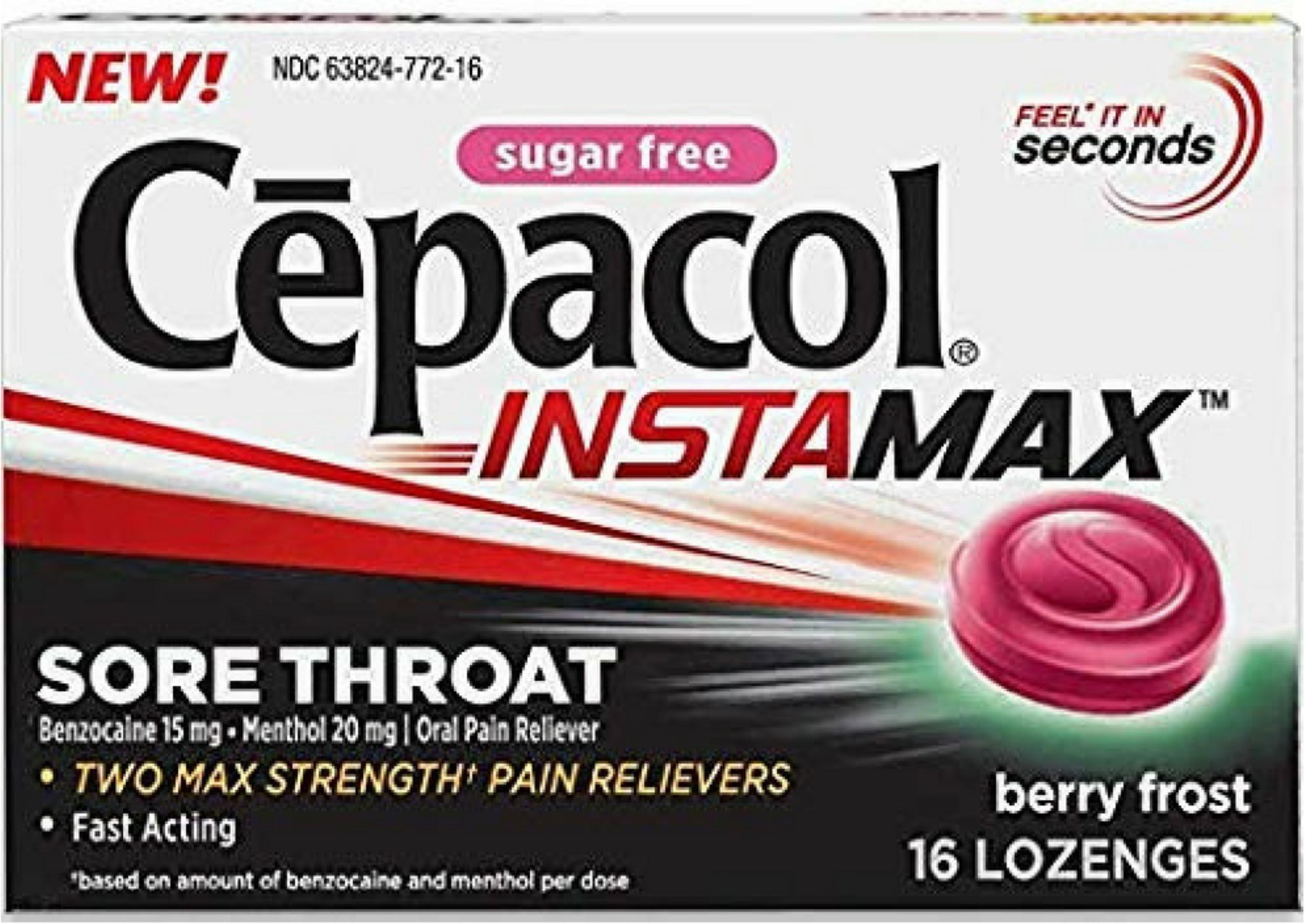 Cepacol InstaMax Sugar Free Sore Throat & Cough Drop Lozenges, Berry Frost 16 ea