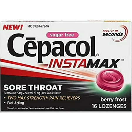 Cepacol InstaMax Sugar Free Sore Throat & Cough Drop Lozenges, Berry Frost 16