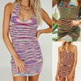 thumbnail image 6 of Womens Sexy Halter V-Neck Backless Knitted Bodycon Mini Dress Rainbow Striped Package Hip Beach Sundress Party Clubwear, 6 of 19