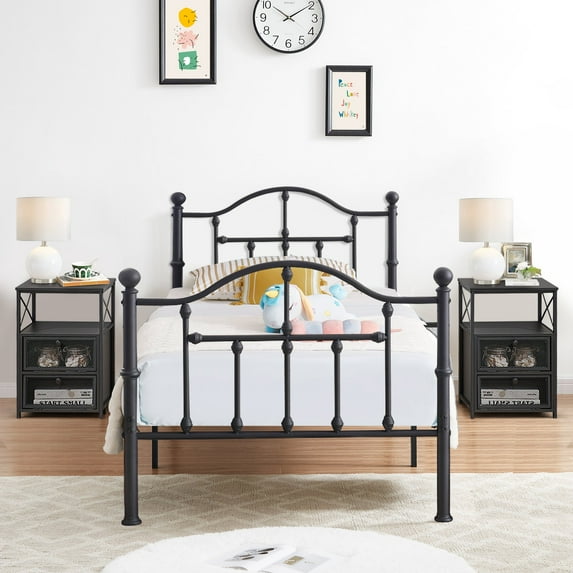 VECELO 3-Piece Bedroom Sets, Twin Size Metal Bed Frame and 2 Black Nightstands