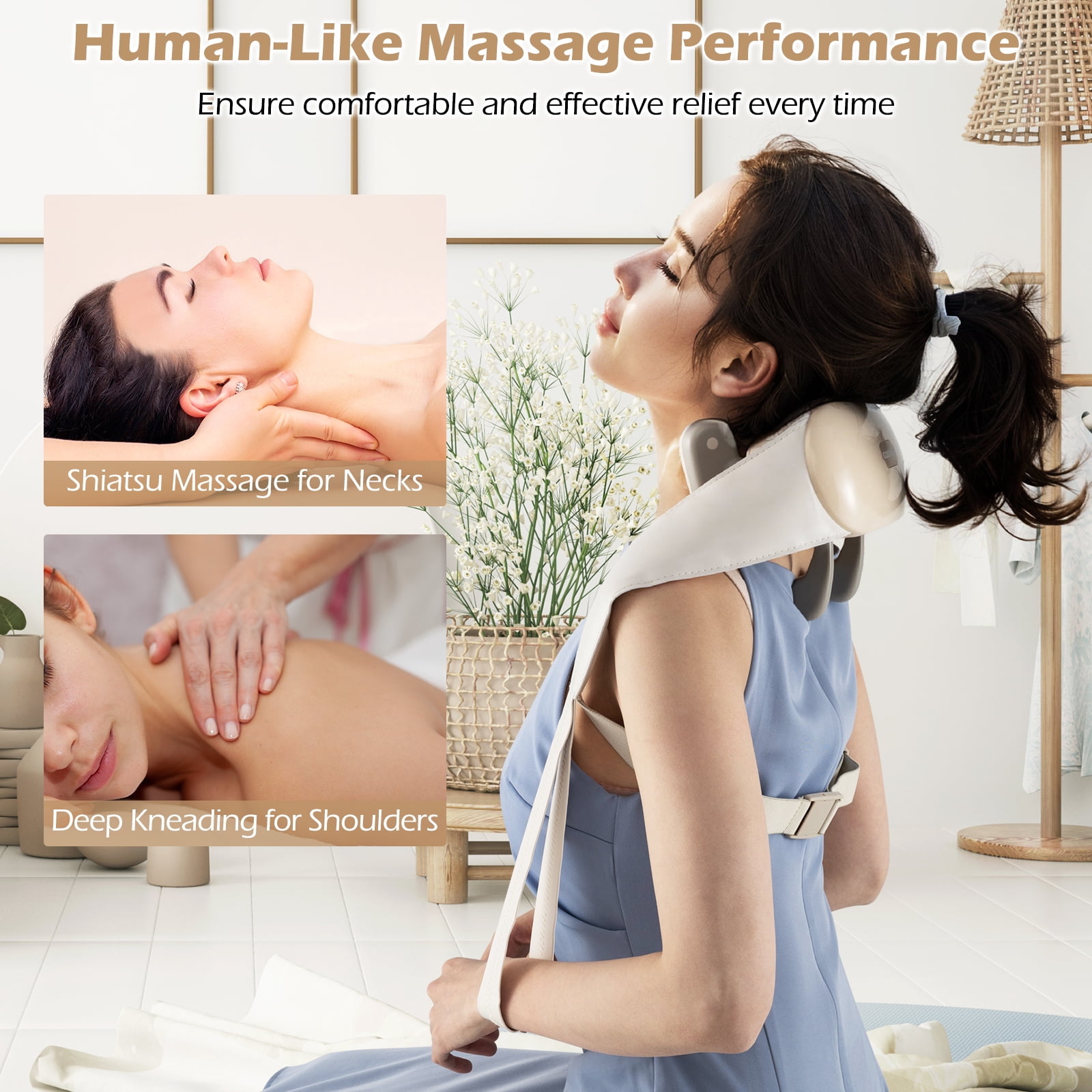 Gymax Neck Shoulder Massager w/ 2 Heat Levels for Pain Relief Neck Massager Pillow Beige