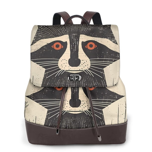 Easygdp Retro Raccoon Graphic Print Mochila de Cuero para Mujeres, Bolso de Hombro, Bolsos de Mano de Moda para Trabajo y Viajes