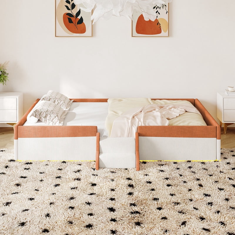 Full Size Upholstered Floor Bed with Fence, 2-Tier Steps and Smart LED Lights, Corduroy Platform Bed with Safety Guardrails, Kids Montessori Bed for Boys Girls