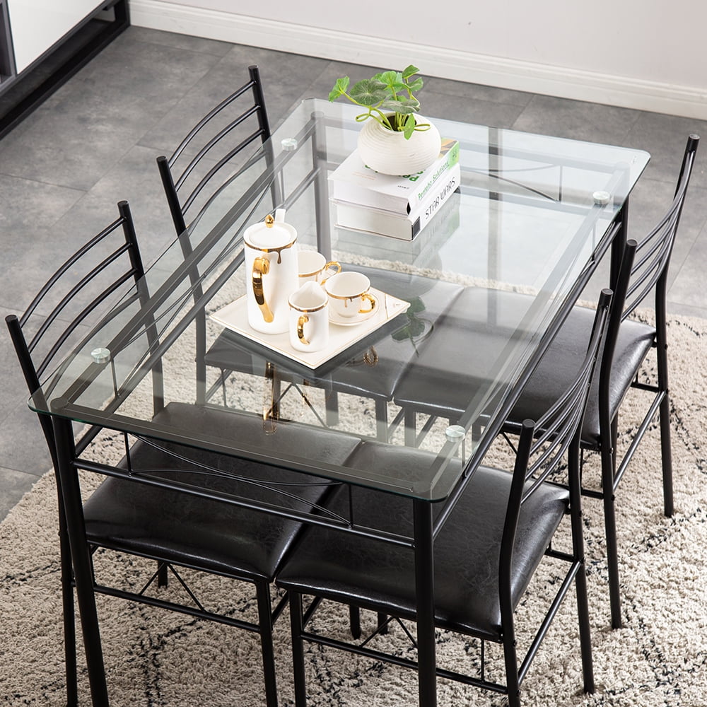 Dining Table Set with 4 Chairs, HeavyDuty Tempered Glass Table & Softly Padded Seat, Iron