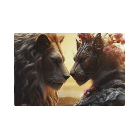 

Table Placemats Set of 4 - Romantic Flower Lion Couple 12x18 In Faux Linen Double Heat Resistant Place Mats Cloth Indoor/Outdoor Placemats Washable Table Mats for Dining Kitchen Party